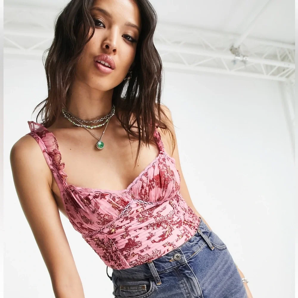 Free People Pink Floral Lace Corset Bodysuit